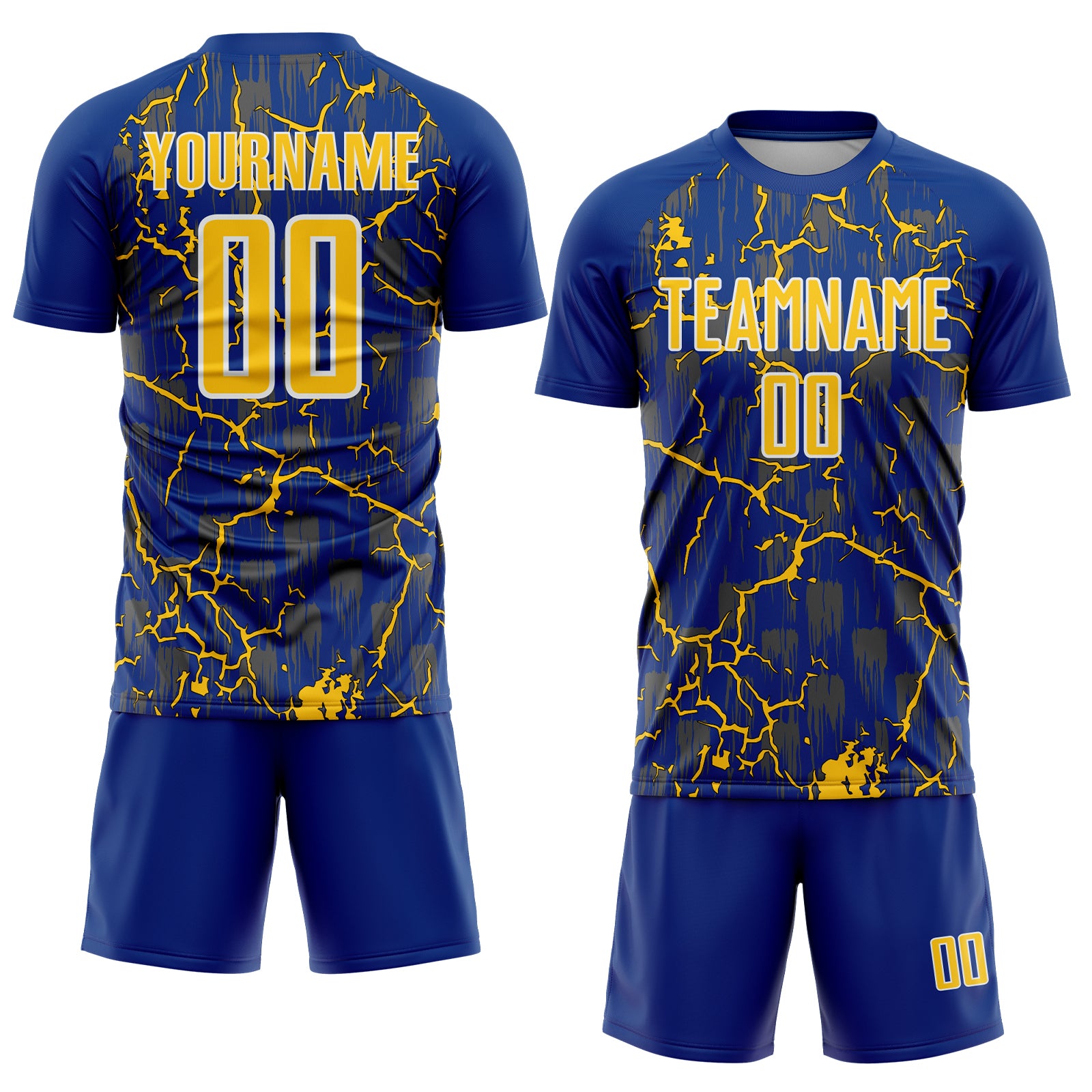 Custom Royal Yellow-White Lightning Sublimation Soccer Uniform Jersey