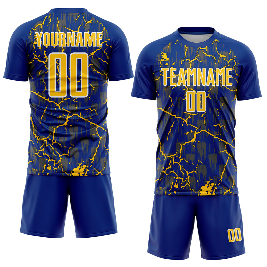 Custom Royal Yellow-White Lightning Sublimation Soccer Uniform Jersey