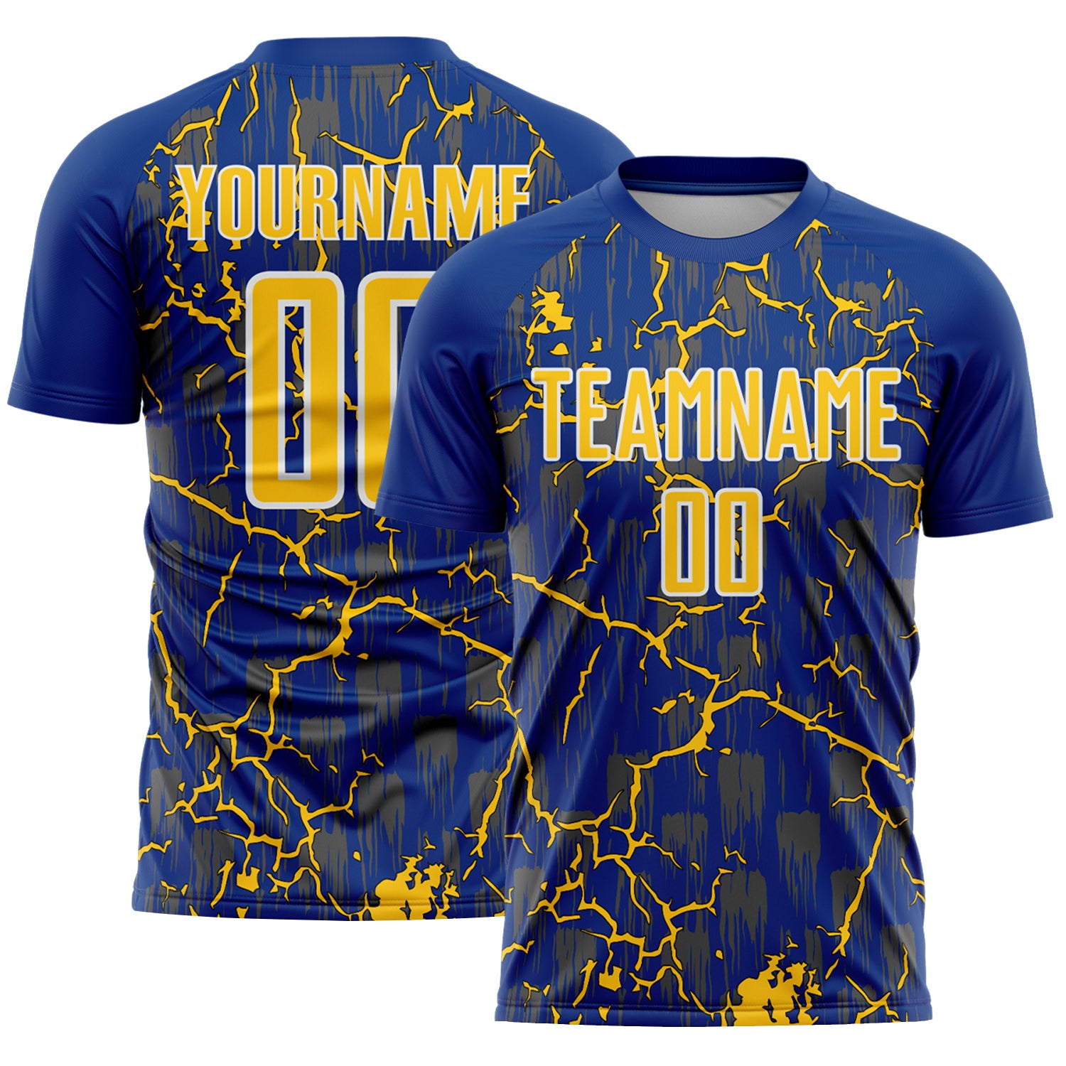 Custom Royal Yellow-White Lightning Sublimation Soccer Uniform Jersey