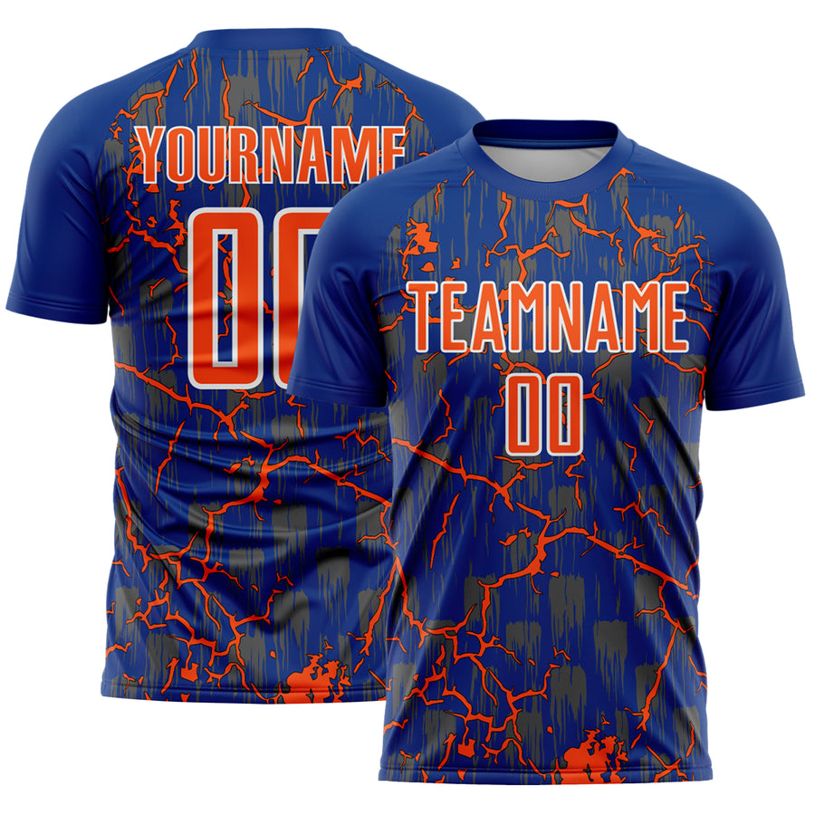 Custom Royal Orange-White Lightning Sublimation Soccer Uniform Jersey
