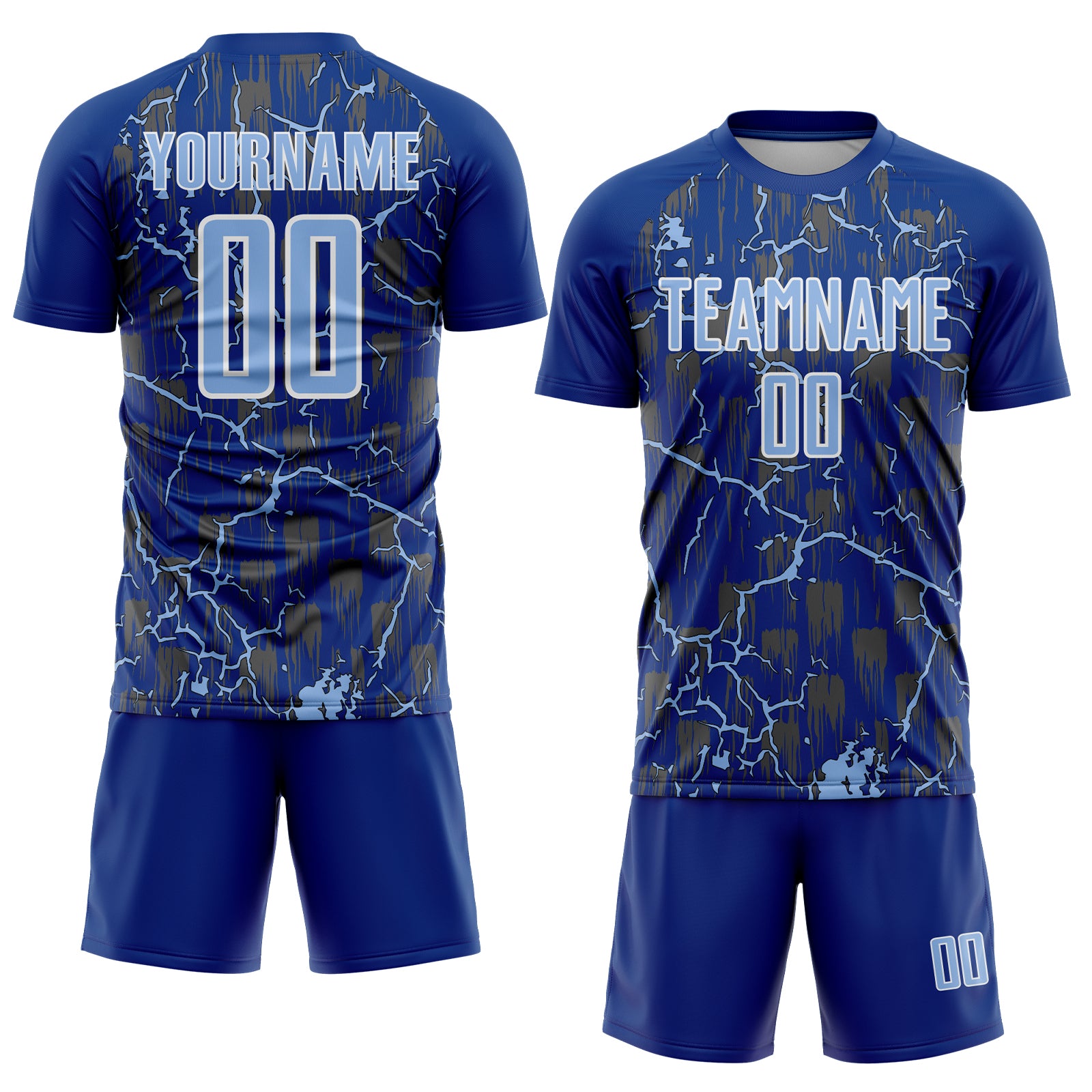 Custom Royal Light Blue-White Lightning Sublimation Soccer Uniform Jersey