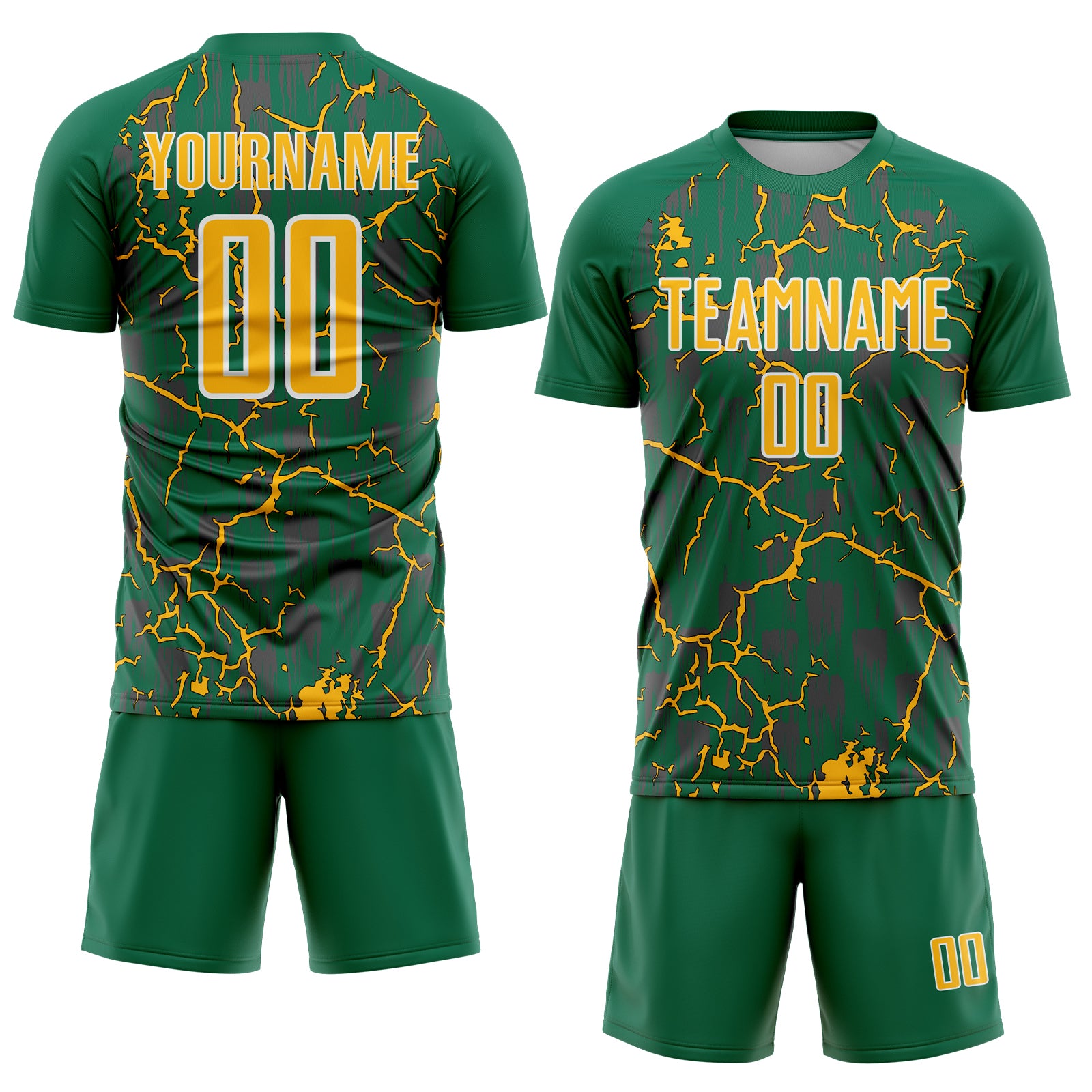 Custom Kelly Green Gold-White Lightning Sublimation Soccer Uniform Jersey