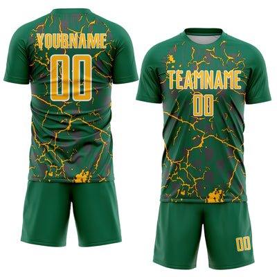 Custom Kelly Green Gold-White Lightning Sublimation Soccer Uniform Jersey