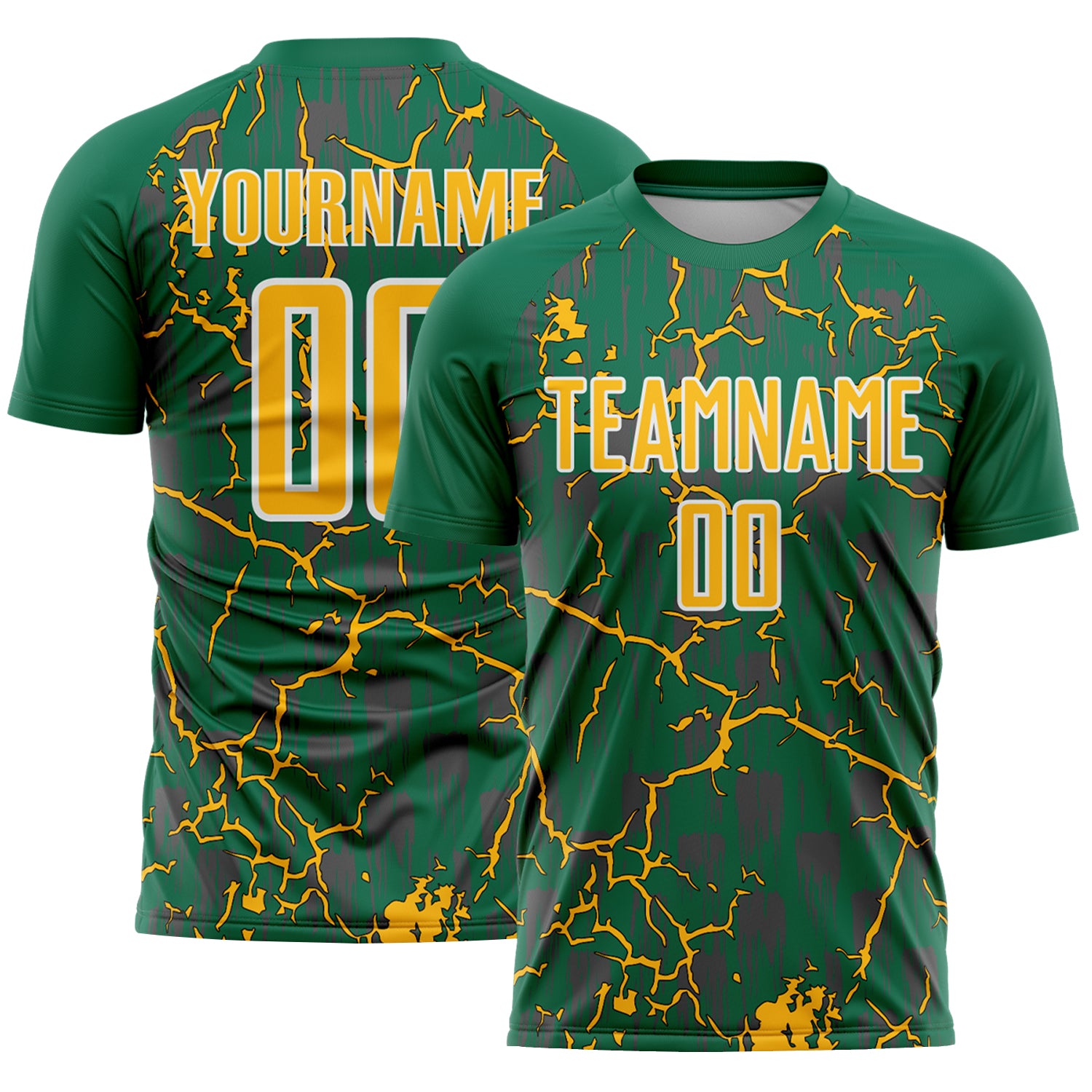Custom Kelly Green Gold-White Lightning Sublimation Soccer Uniform Jersey