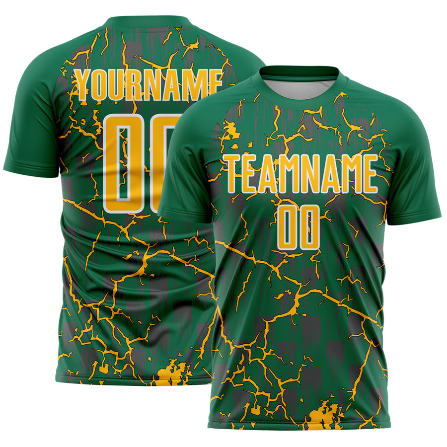Custom Kelly Green Gold-White Lightning Sublimation Soccer Uniform Jersey