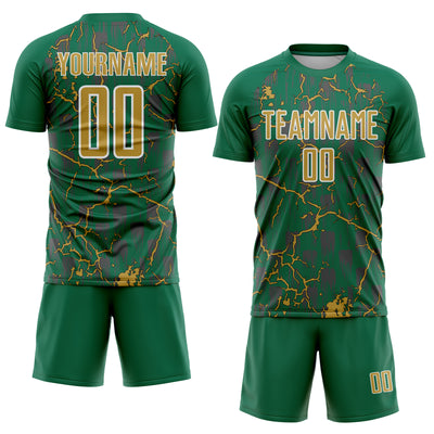 Custom Kelly Green Old Gold-White Lightning Sublimation Soccer Uniform Jersey
