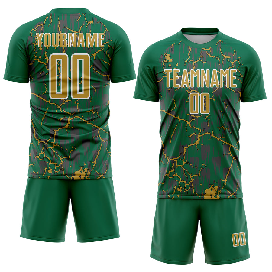 Custom Kelly Green Old Gold-White Lightning Sublimation Soccer Uniform Jersey