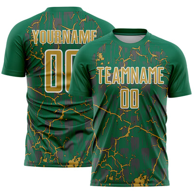 Custom Kelly Green Old Gold-White Lightning Sublimation Soccer Uniform Jersey