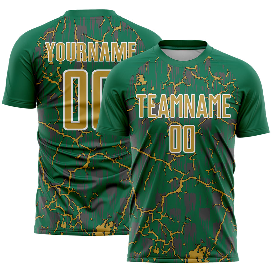 Custom Kelly Green Old Gold-White Lightning Sublimation Soccer Uniform Jersey