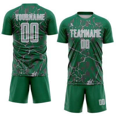 Custom Kelly Green Gray-White Lightning Sublimation Soccer Uniform Jersey