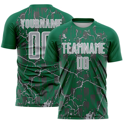 Custom Kelly Green Gray-White Lightning Sublimation Soccer Uniform Jersey