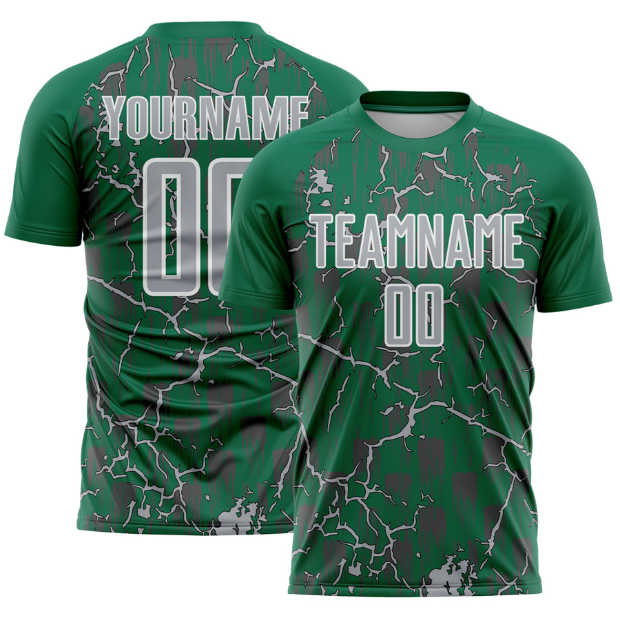 Custom Kelly Green Gray-White Lightning Sublimation Soccer Uniform Jersey