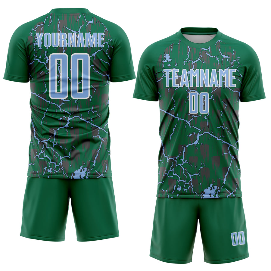 Custom Kelly Green Light Blue-White Lightning Sublimation Soccer Uniform Jersey