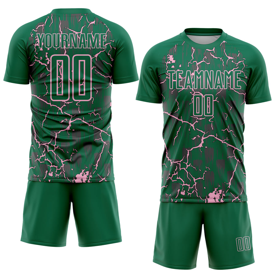 Custom Kelly Green Light Pink Lightning Sublimation Soccer Uniform Jersey