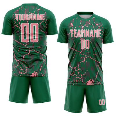 Custom Kelly Green Medium Pink-White Lightning Sublimation Soccer Uniform Jersey