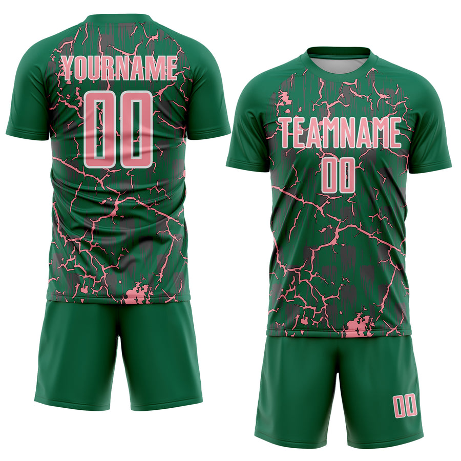 Custom Kelly Green Medium Pink-White Lightning Sublimation Soccer Uniform Jersey