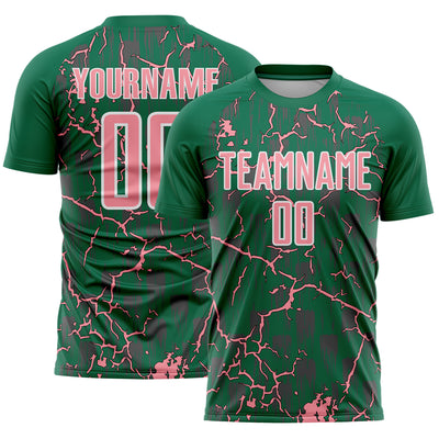 Custom Kelly Green Medium Pink-White Lightning Sublimation Soccer Uniform Jersey