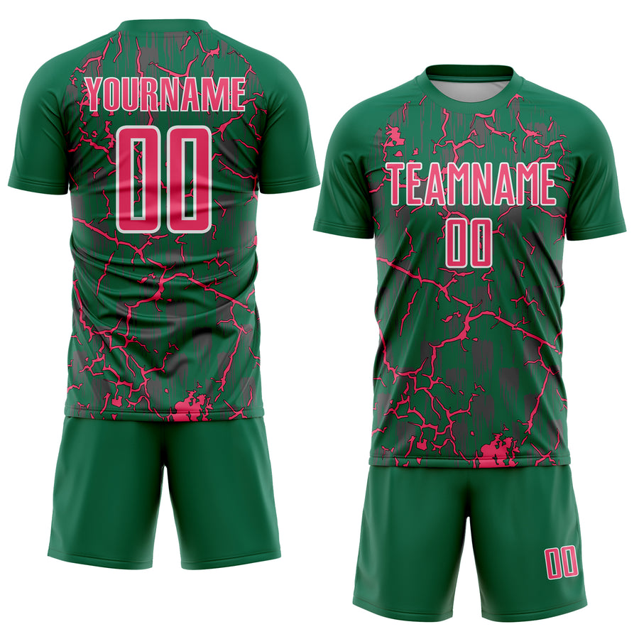 Custom Kelly Green Neon Pink-White Lightning Sublimation Soccer Uniform Jersey