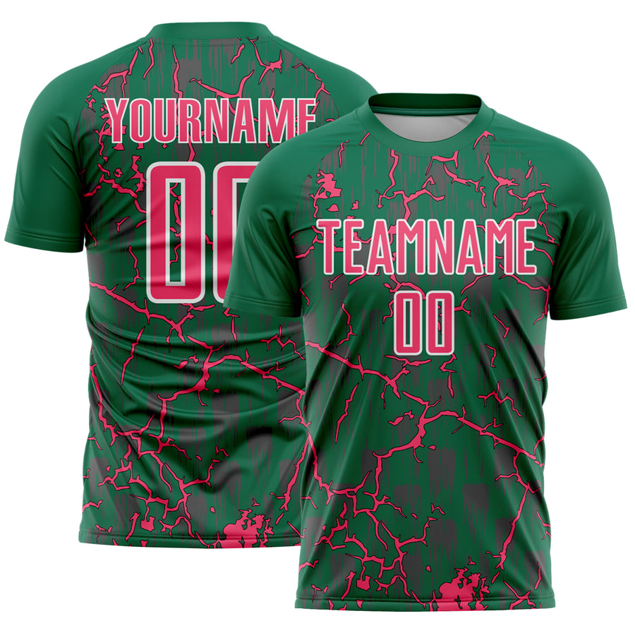 Custom Kelly Green Neon Pink-White Lightning Sublimation Soccer Uniform Jersey