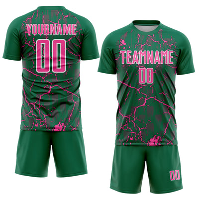 Custom Kelly Green Pink-White Lightning Sublimation Soccer Uniform Jersey