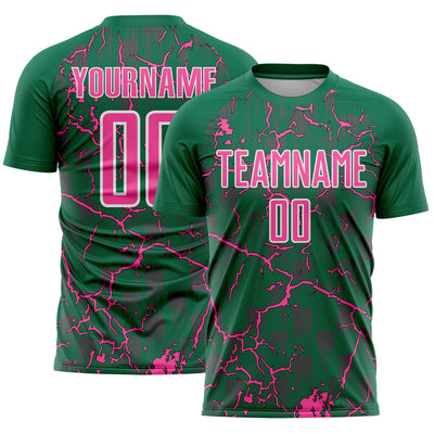 Custom Kelly Green Pink-White Lightning Sublimation Soccer Uniform Jersey