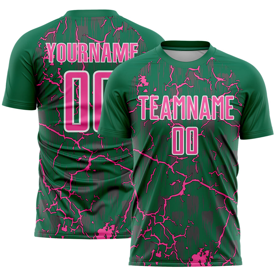 Custom Kelly Green Pink-White Lightning Sublimation Soccer Uniform Jersey