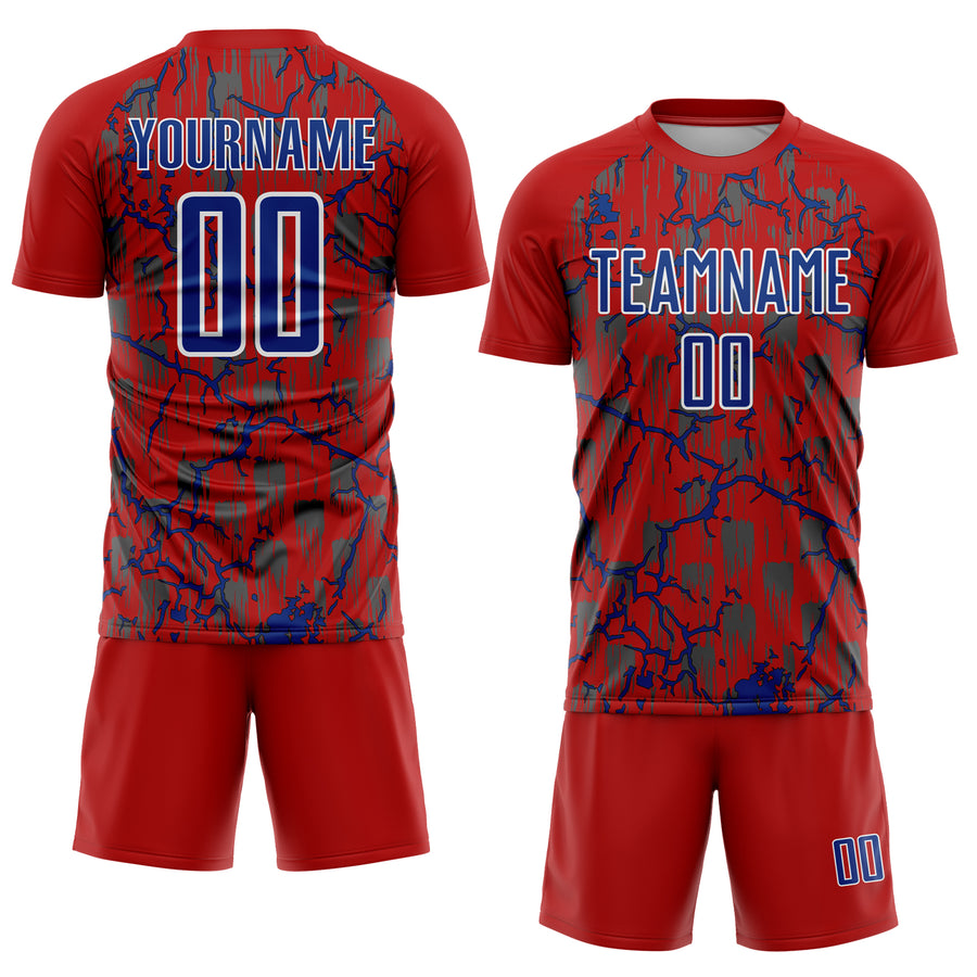 Custom Red Royal-White Lightning Sublimation Soccer Uniform Jersey