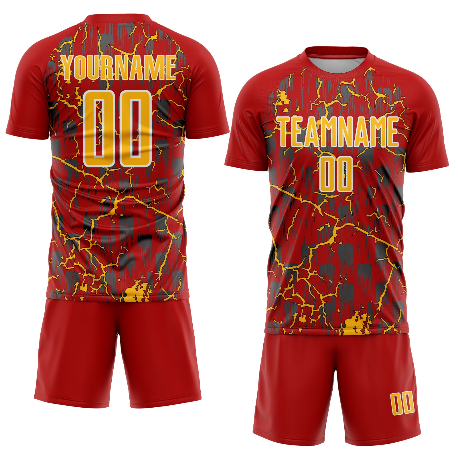 Custom Red Gold-White Lightning Sublimation Soccer Uniform Jersey