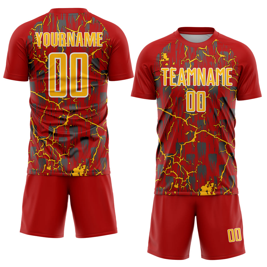 Custom Red Gold-White Lightning Sublimation Soccer Uniform Jersey