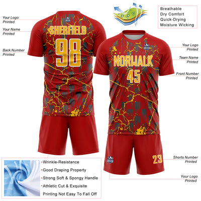 Custom Red Gold-White Lightning Sublimation Soccer Uniform Jersey