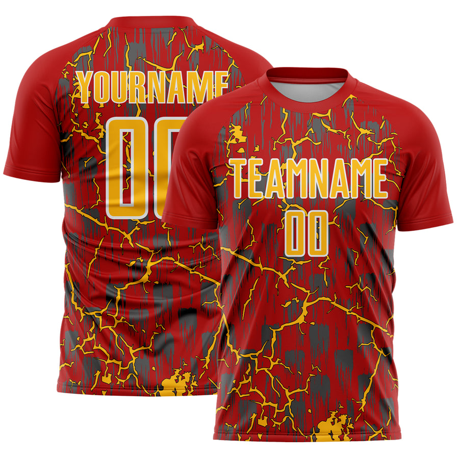 Custom Red Gold-White Lightning Sublimation Soccer Uniform Jersey