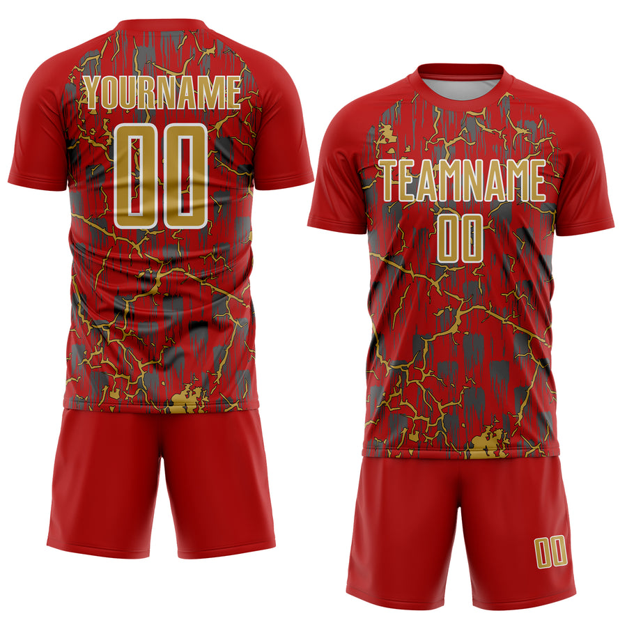 Custom Red Old Gold-White Lightning Sublimation Soccer Uniform Jersey