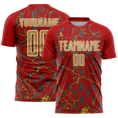 Custom Red Old Gold-White Lightning Sublimation Soccer Uniform Jersey