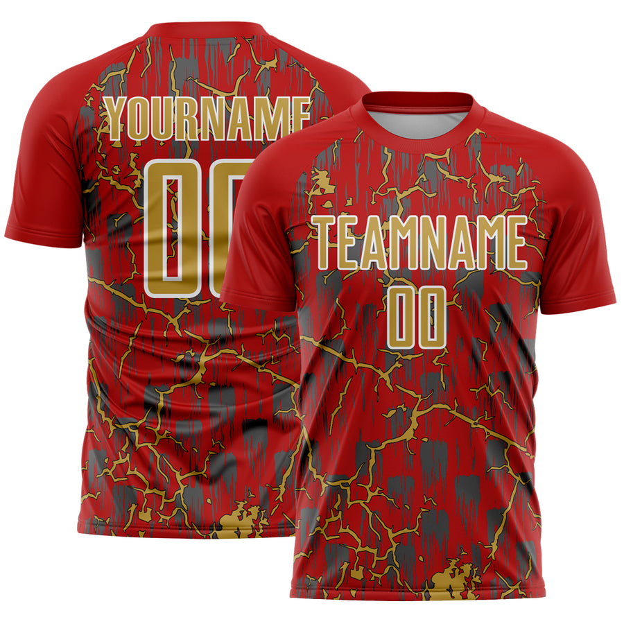 Custom Red Old Gold-White Lightning Sublimation Soccer Uniform Jersey