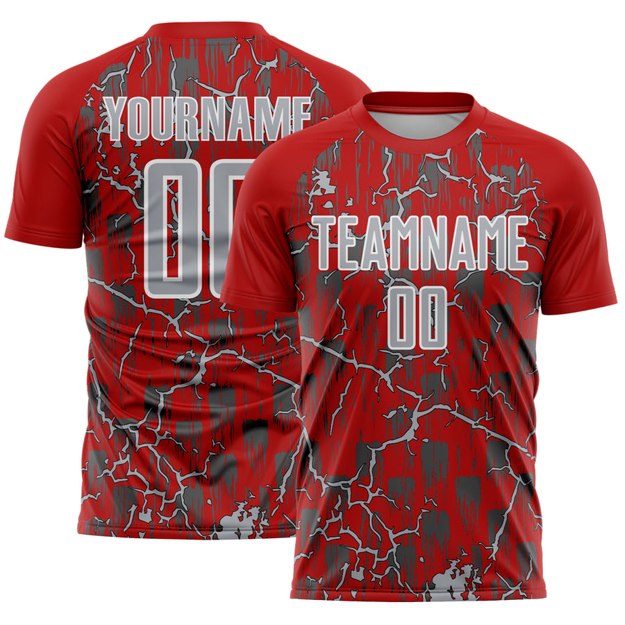 Custom Red Gray-White Lightning Sublimation Soccer Uniform Jersey