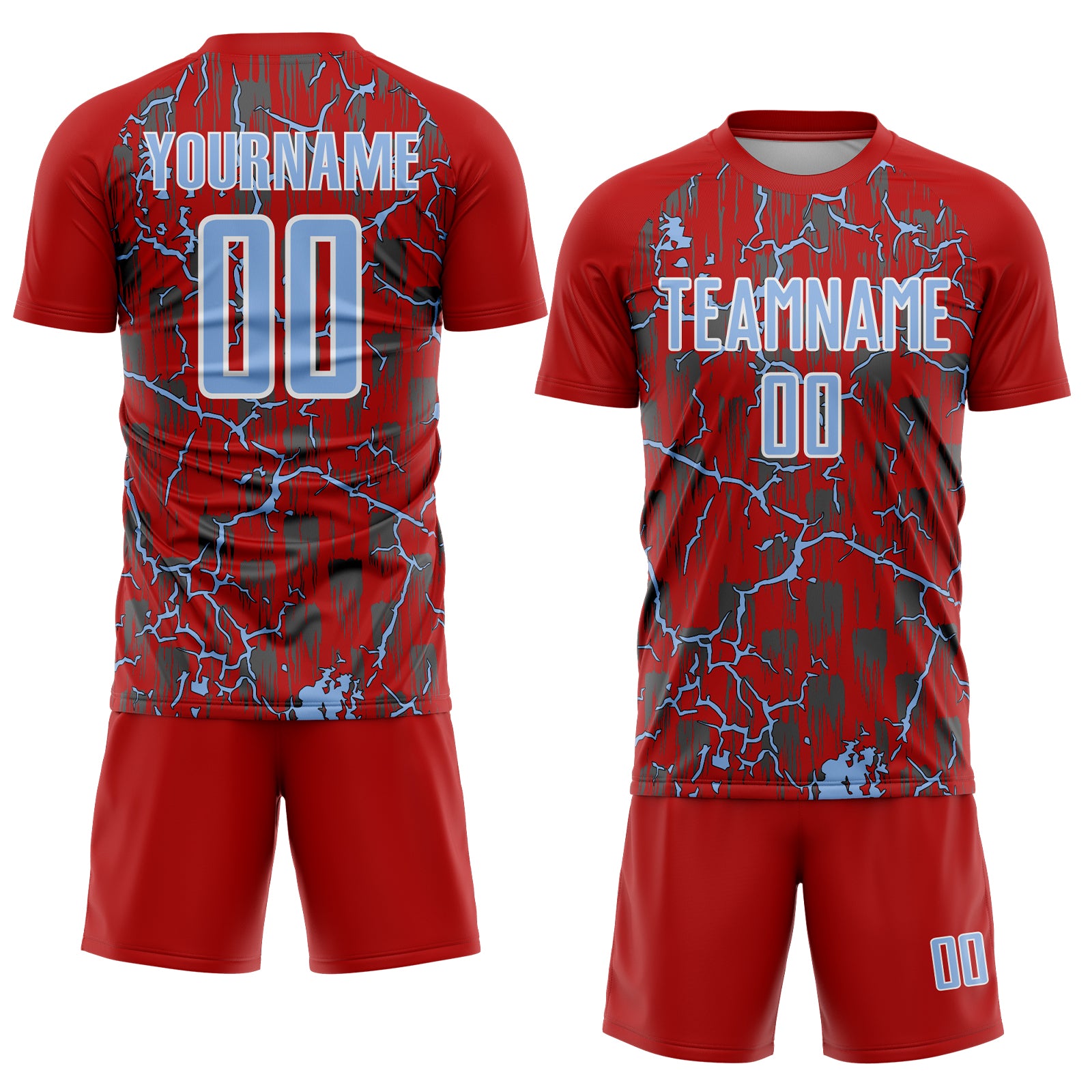Custom Red Light Blue-White Lightning Sublimation Soccer Uniform Jersey