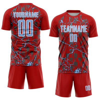 Custom Red Light Blue-White Lightning Sublimation Soccer Uniform Jersey