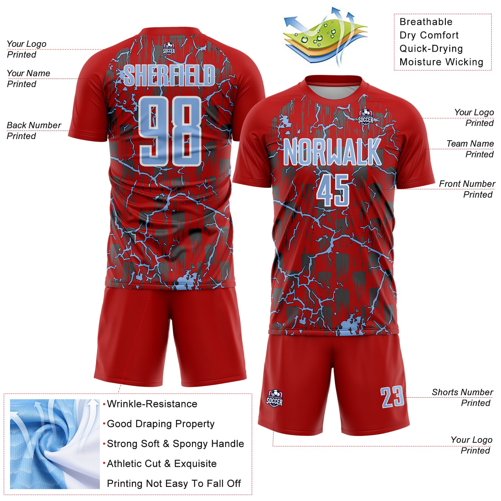 Custom Red Light Blue-White Lightning Sublimation Soccer Uniform Jersey