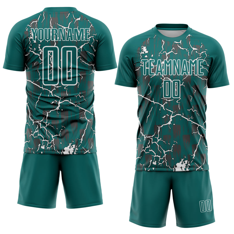 Custom Teal White Lightning Sublimation Soccer Uniform Jersey