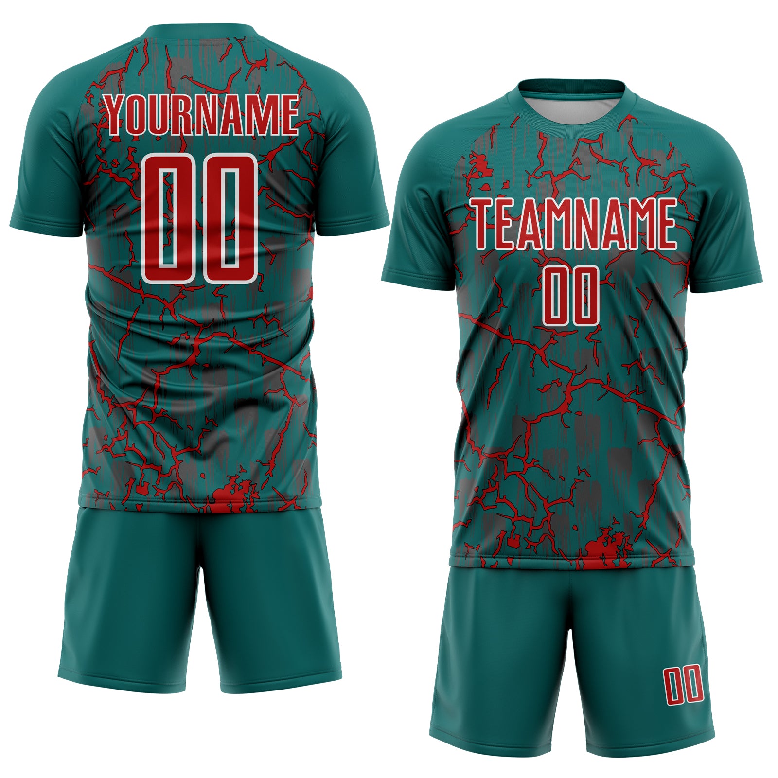 Custom Teal Red-White Lightning Sublimation Soccer Uniform Jersey
