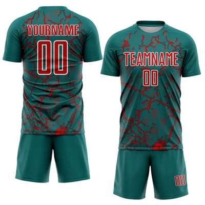 Custom Teal Red-White Lightning Sublimation Soccer Uniform Jersey