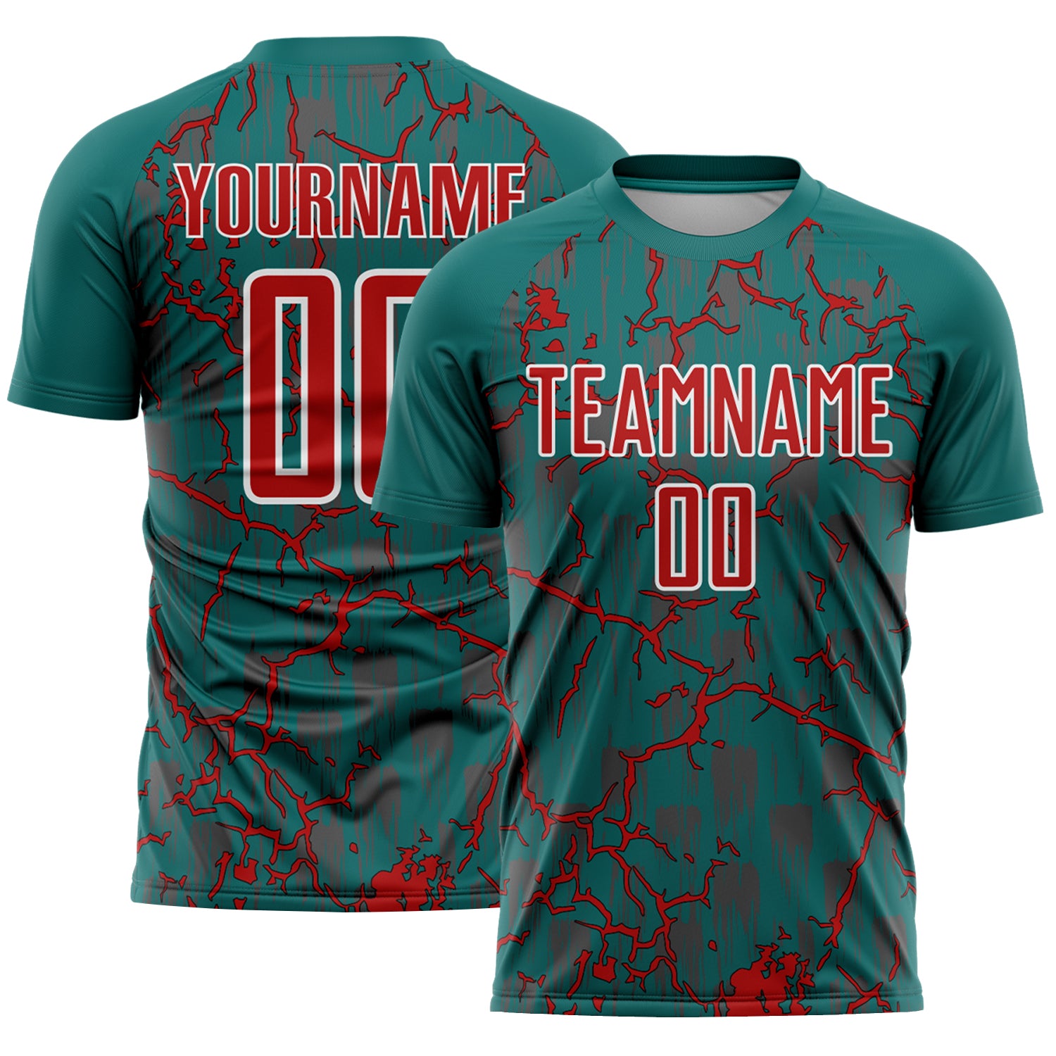 Custom Teal Red-White Lightning Sublimation Soccer Uniform Jersey