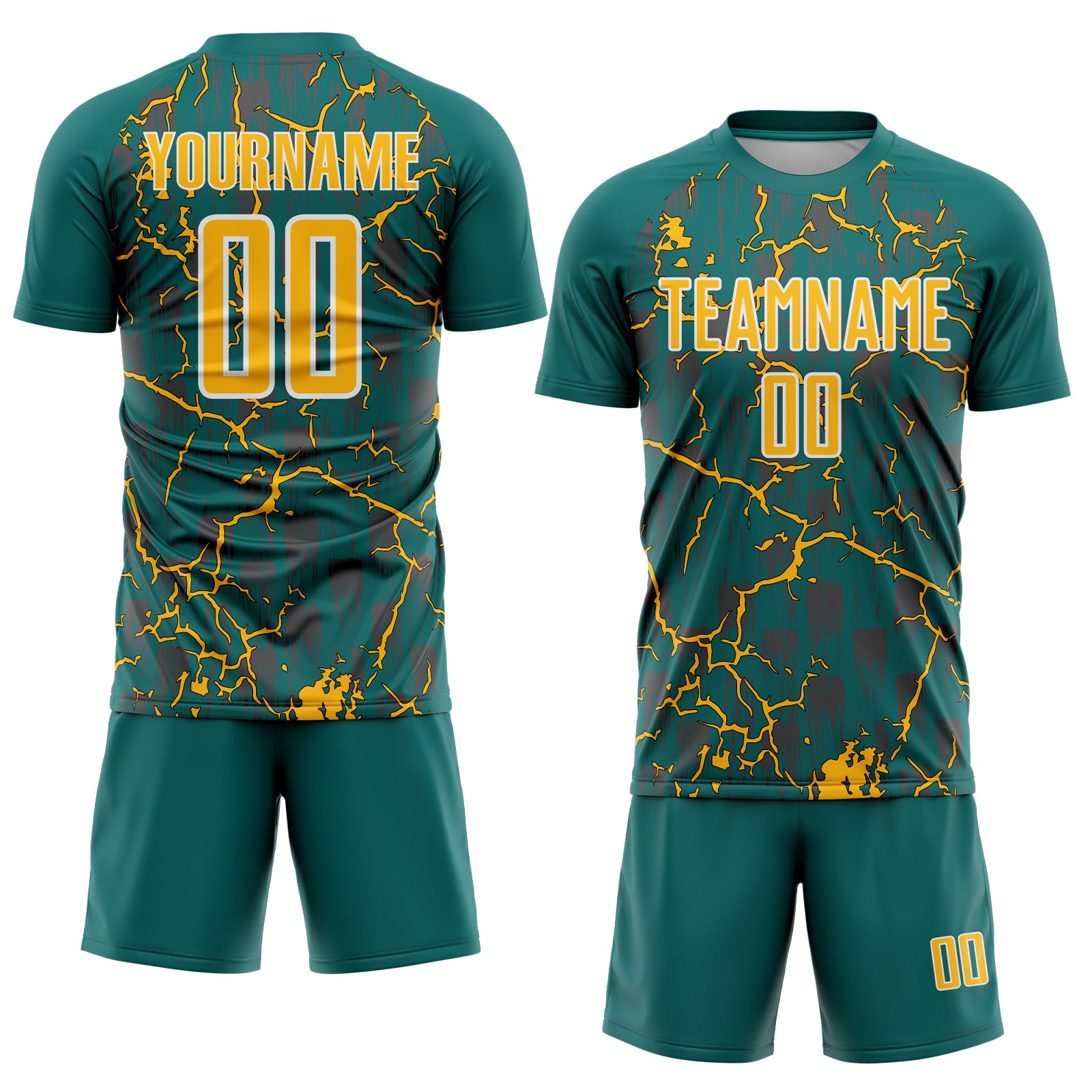 Custom Teal Gold-White Lightning Sublimation Soccer Uniform Jersey