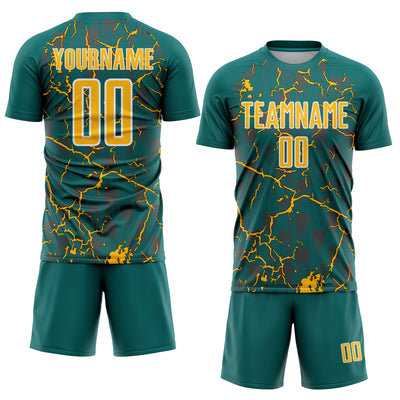 Custom Teal Gold-White Lightning Sublimation Soccer Uniform Jersey