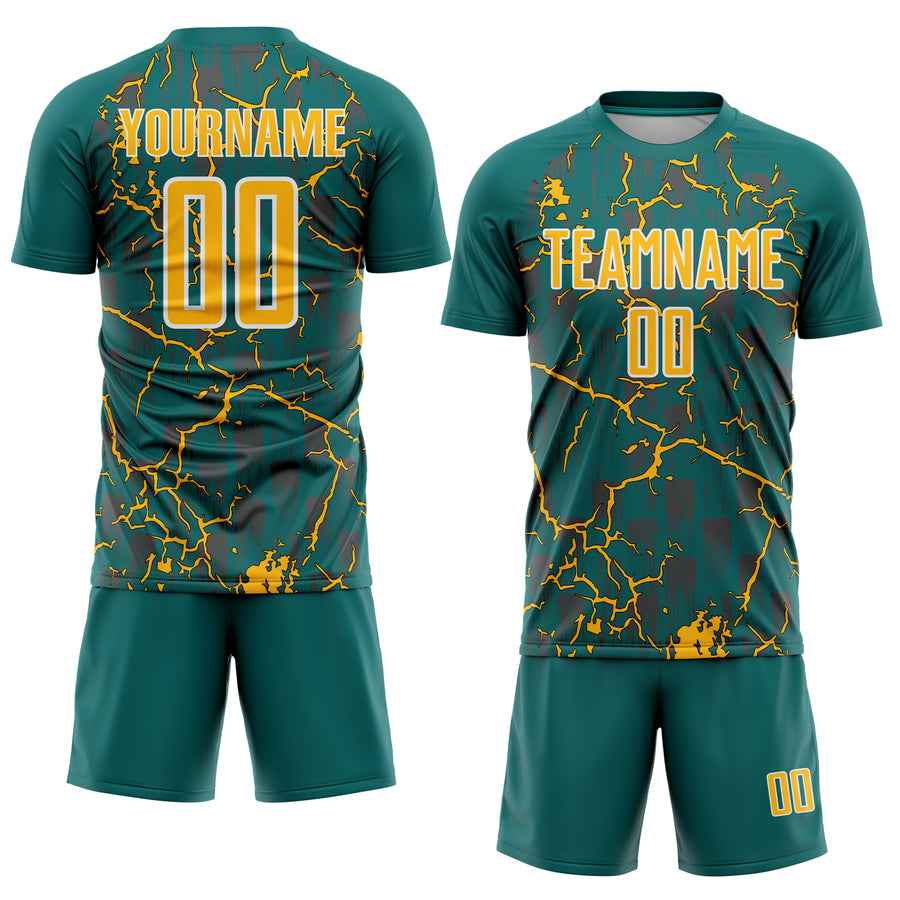 Custom Teal Gold-White Lightning Sublimation Soccer Uniform Jersey