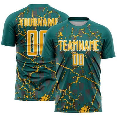 Custom Teal Gold-White Lightning Sublimation Soccer Uniform Jersey