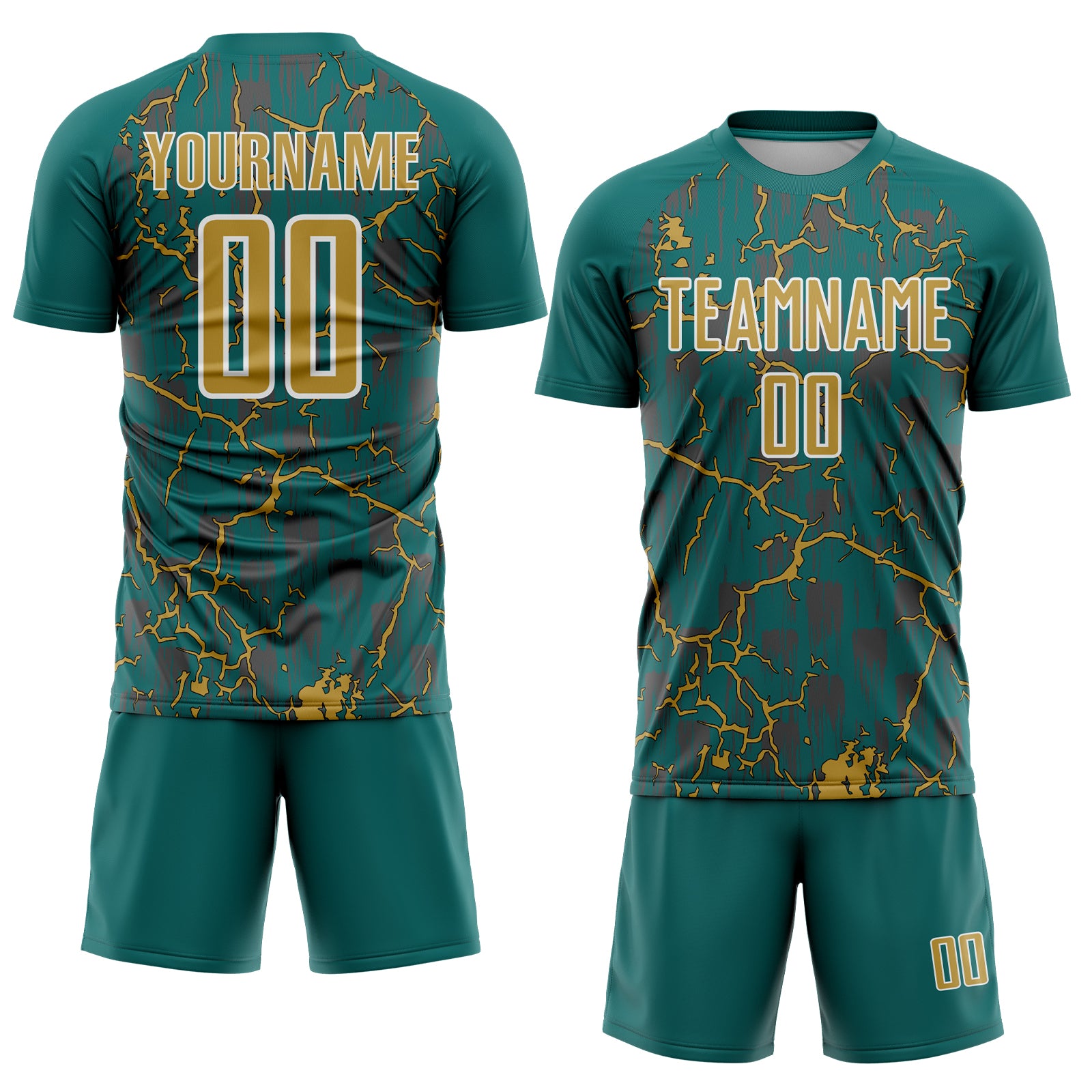 Custom Teal Old Gold-White Lightning Sublimation Soccer Uniform Jersey