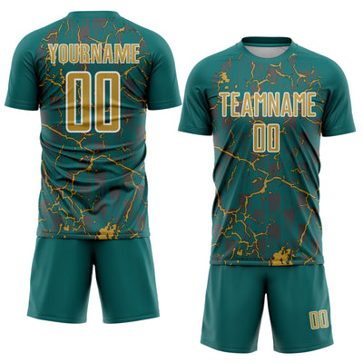 Custom Teal Old Gold-White Lightning Sublimation Soccer Uniform Jersey