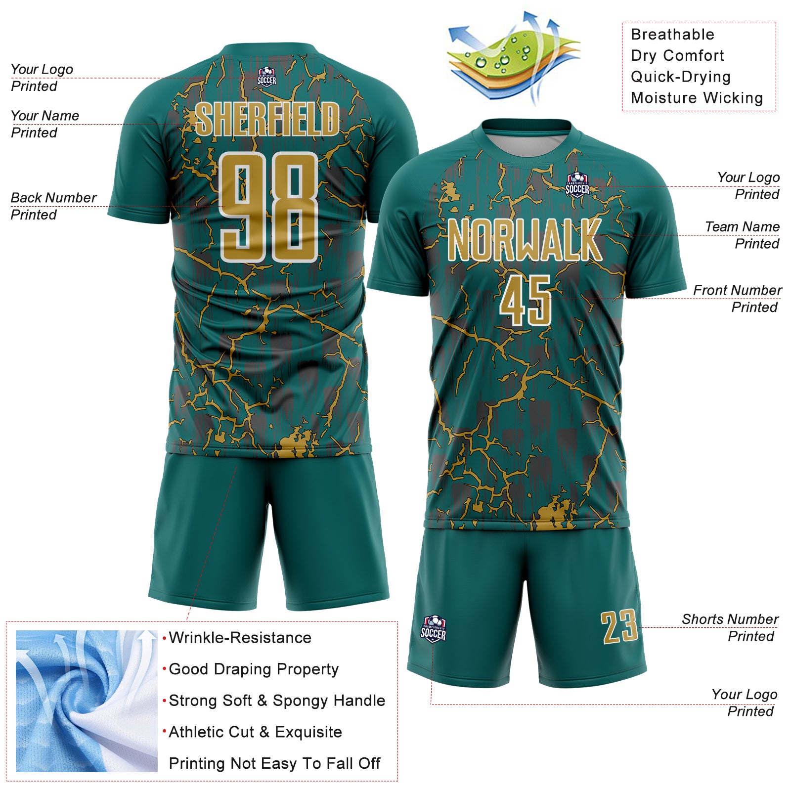 Custom Teal Old Gold-White Lightning Sublimation Soccer Uniform Jersey
