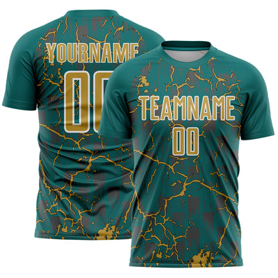 Custom Teal Old Gold-White Lightning Sublimation Soccer Uniform Jersey